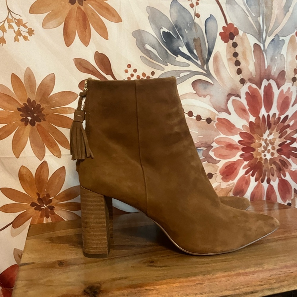 Banana Republic 6 Fall Caramel Brown Faux Suede Tasseled Zipper Chunky Heel Boot